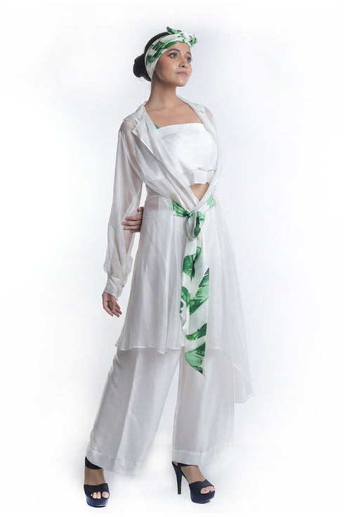 Organza jacket with layered organza trousers and crop top