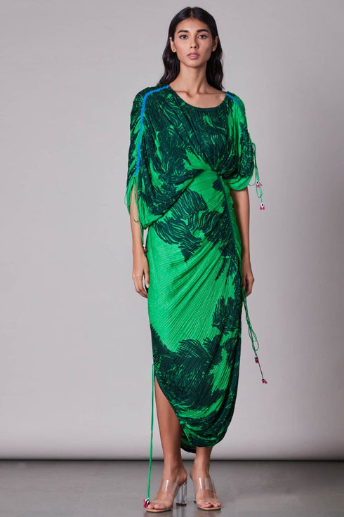 Green Scratch Print Dual Shoulder Kaftan Sleeves And Adjustable Length