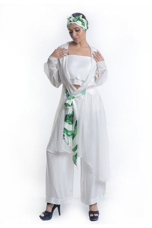 Organza jacket with layered organza trousers and crop top