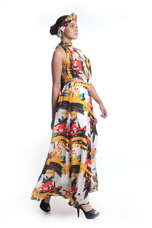 Abstract graphical floral printed long draped dress