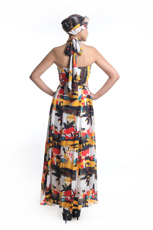 Abstract graphical floral printed long draped dress
