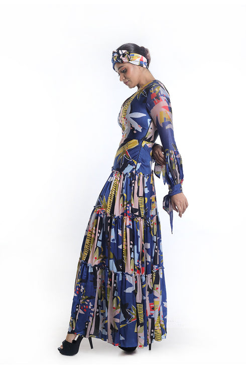 Abstract graphical floral printed tier dress