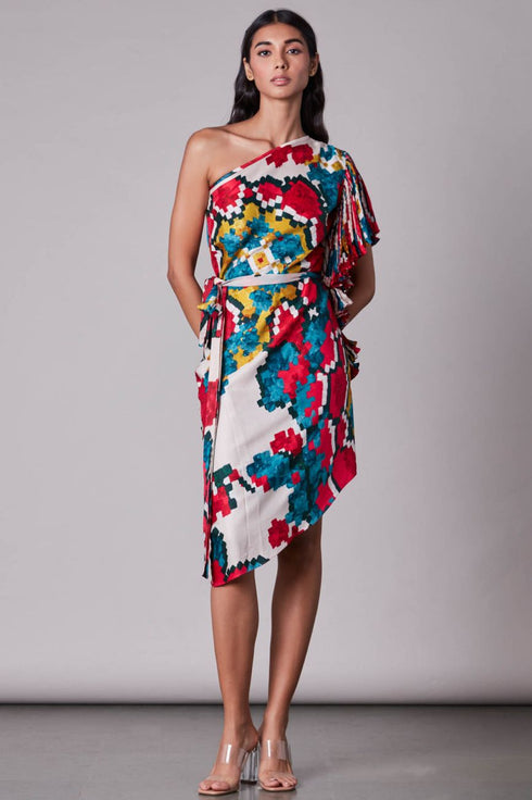 Ikat print one shoulder ruffle sleeve dress