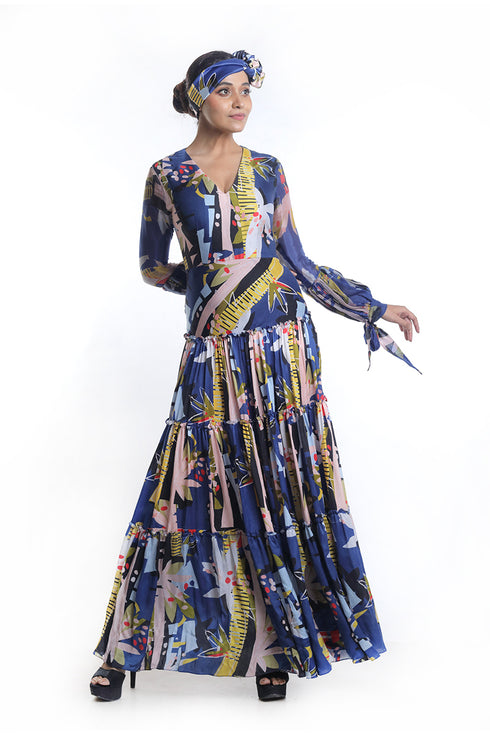 Abstract graphical floral printed tier dress