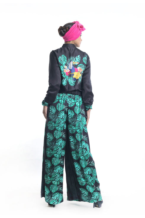 Toucan printed with highlighting embroidery bomber jacket with pleated trousers
