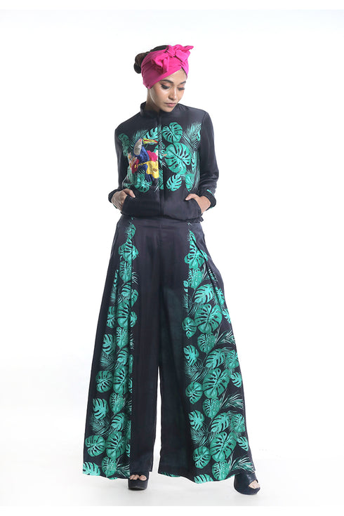 Toucan printed with highlighting embroidery bomber jacket with pleated trousers