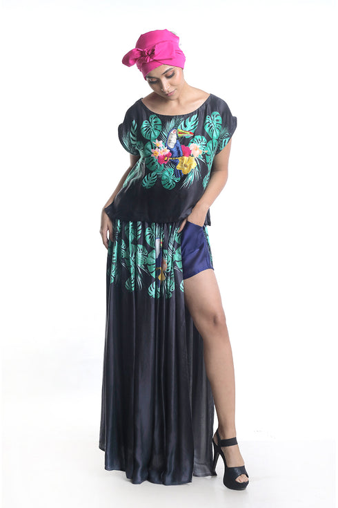 Toucan printed with highlighting embroidery detailing crop top with pleated skirt teamed with sheer shorts