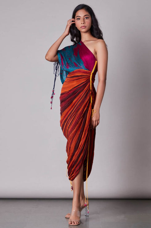 Multi Dual Scratch And Stripe Print Hand Micro Pleated Sari Dress