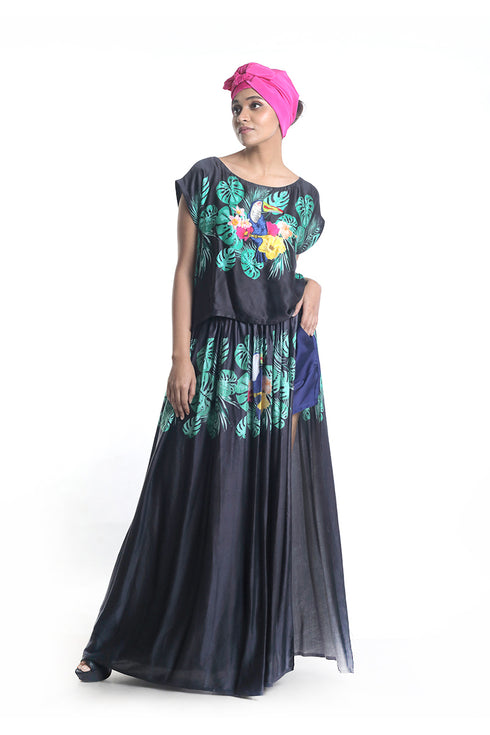 Toucan printed with highlighting embroidery detailing crop top with pleated skirt teamed with sheer shorts