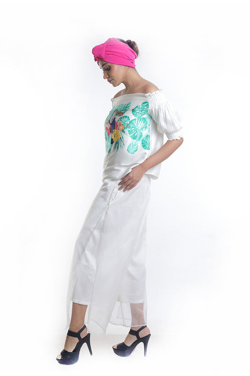 Toucan printed with highlighting embroidery detailing off-shoulder top with layered trousers