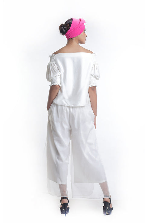 Toucan printed with highlighting embroidery detailing off-shoulder top with layered trousers