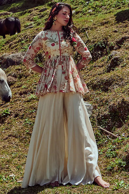 Off-White Cotton Silk Palazzo Pant Set