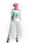 Toucan printed with highlighting embroidery detailing off-shoulder top with layered trousers