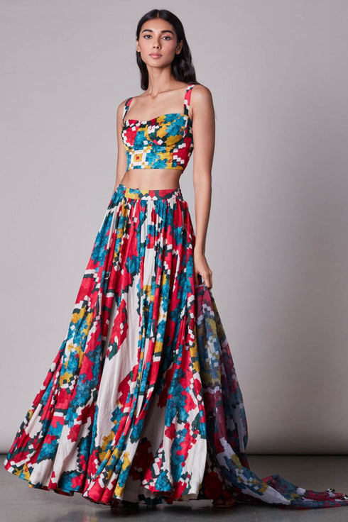 Multi Ikat Print Sweetheart Neck Bustier Lehenga Set