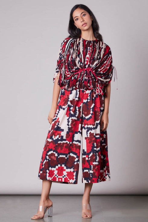 Multi Ikat Print Hand Micro Pleated Kaftan Blouse With Shorts