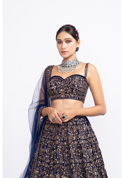 Navy blue fully embroidered corset lehenga set