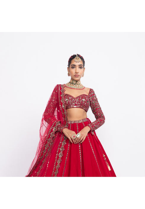 Red double tier lehenga set