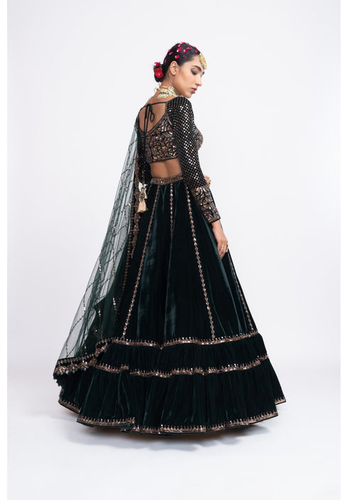 Deep green double tier lehenga set