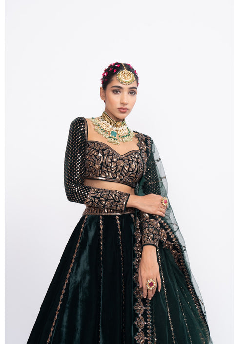 Deep green double tier lehenga set