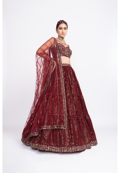 Mehroon dense dot corset lehenga set