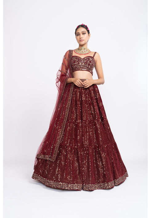 Mehroon dense dot corset lehenga set
