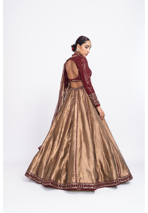 Maroon copper tissue lehenga set