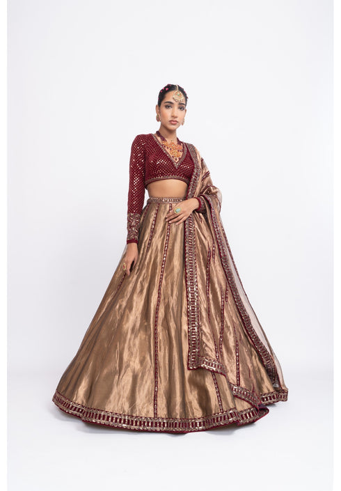 Maroon copper tissue lehenga set