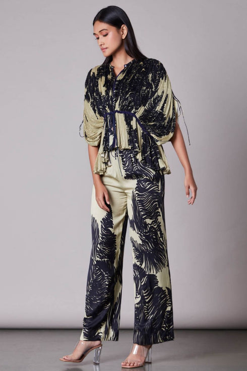 Multi Scratch Print Hand Micro Pleated Kaftan Blouse With Trousers