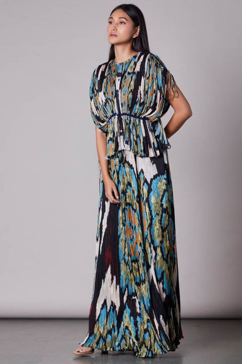 Multi Ikat Print Hand Micro Pleated Kaftan Blouse With Skirt