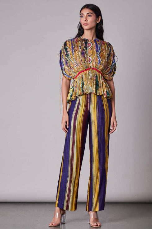 Multi Swiggle Print Hand Micro Pleated Kaftan Blouse With Trousers