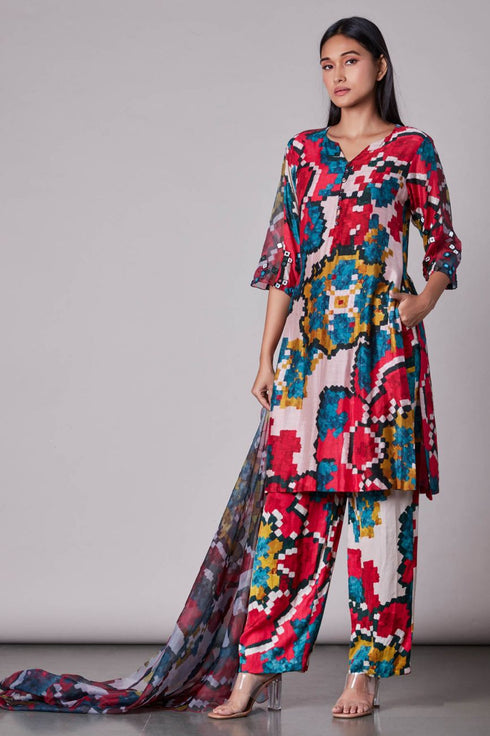 Multi Ikat Print Hand Embroidered Kurta Set