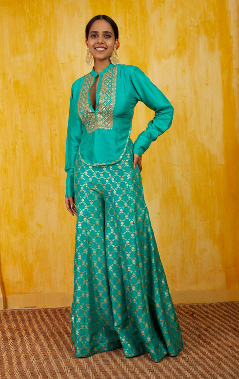 Marigold Brocade Shirt Pant Set