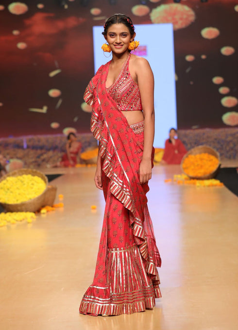 Marigold Buti Ruffle Saree