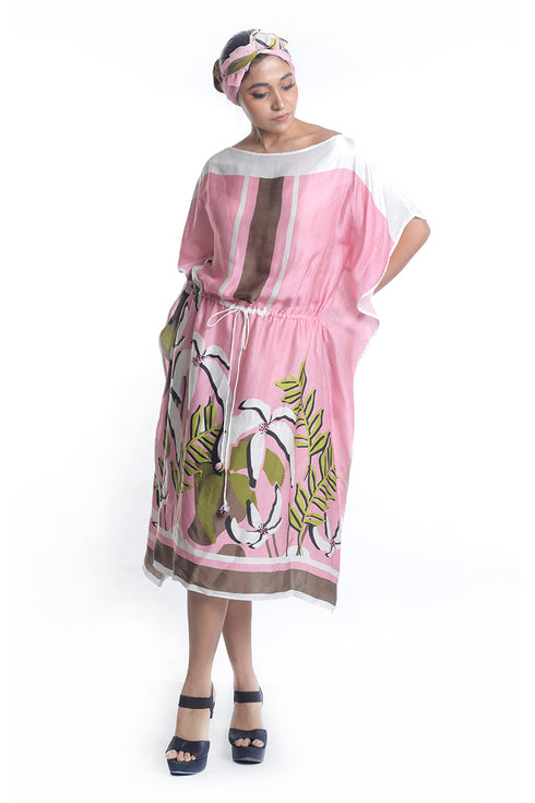 Floral printed kaftan dress with french knot embroidery detailing