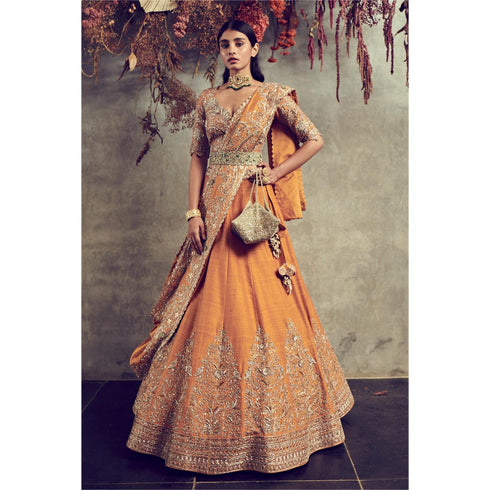 Mango yellow embroidered lehenga set