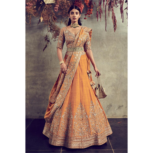 Mango yellow embroidered lehenga set