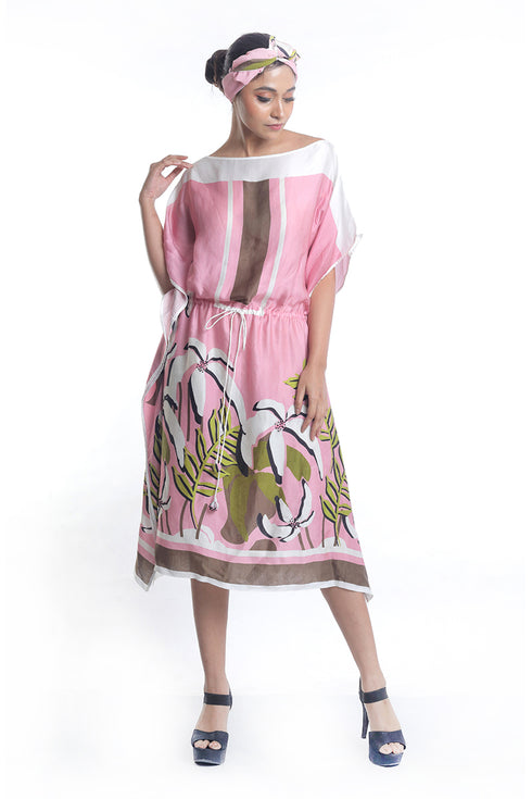 Floral printed kaftan dress with french knot embroidery detailing
