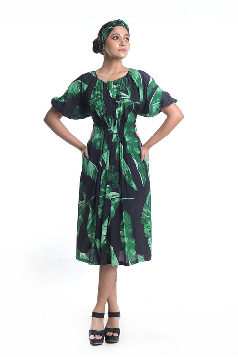 Banana leaf printed dress with back detailing