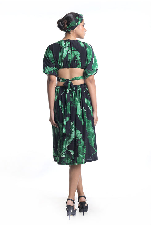 Banana leaf printed dress with back detailing