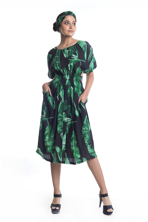 Banana leaf printed dress with back detailing