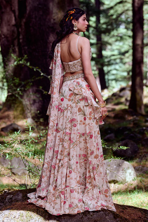 Off White Floral Print Pre-Draped Saree