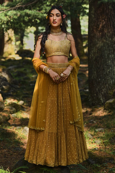 Ochre Yellow Flame Print 3- Layered Lehenga