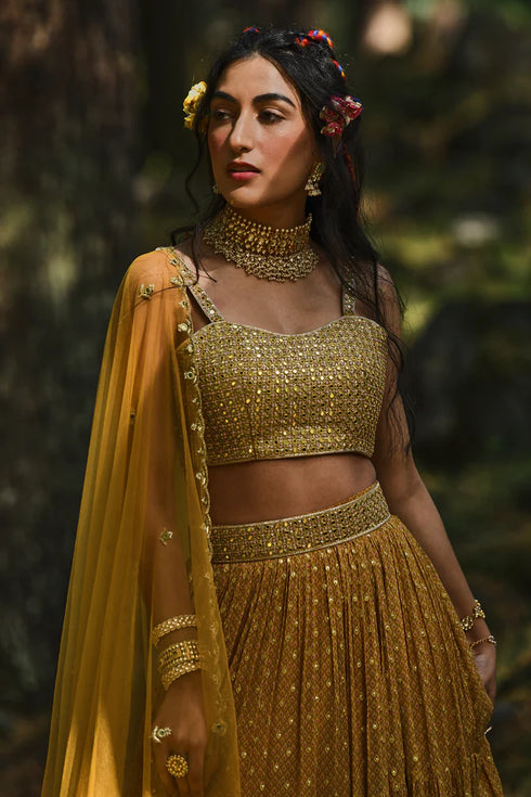 Ochre Yellow Flame Print 3- Layered Lehenga