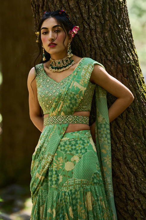 Fern Green Naksha Print Asymmetric Layered Saree