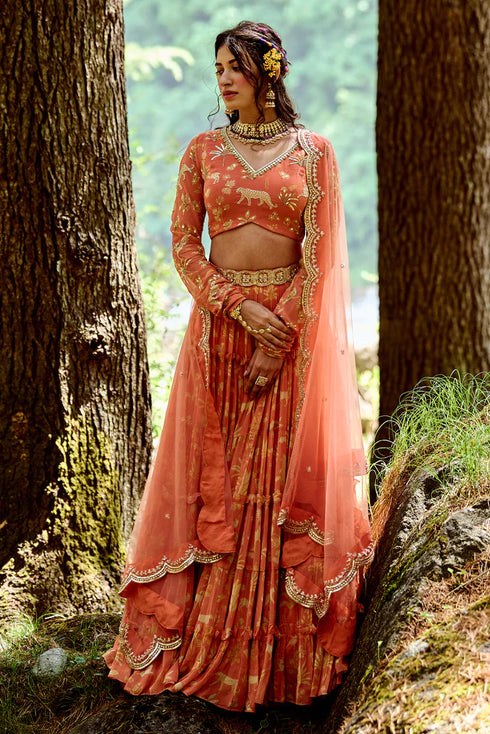 Sherbet Orange Jungle Print 5 Layered Lehenga