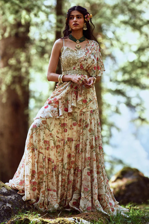 Off White Floral Print Pre-Draped Saree