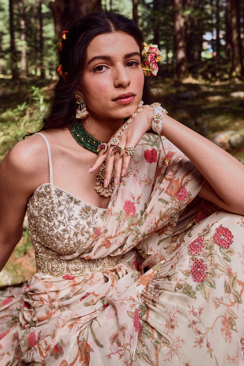 Off White Floral Print Pre-Draped Saree