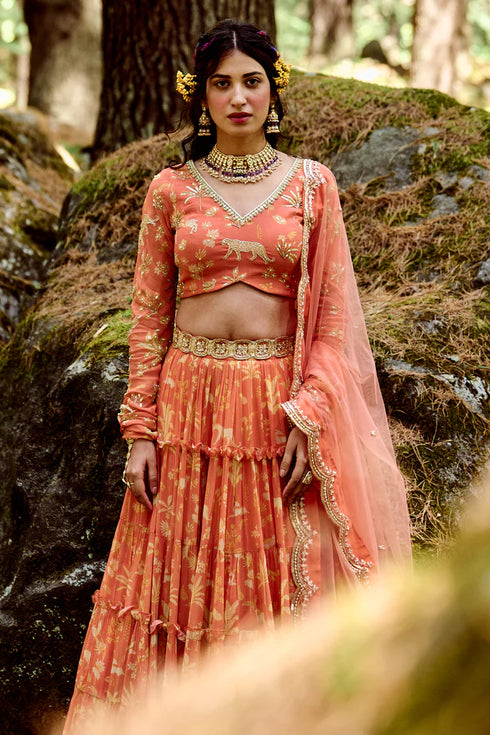 Sherbet Orange Jungle Print 5 Layered Lehenga