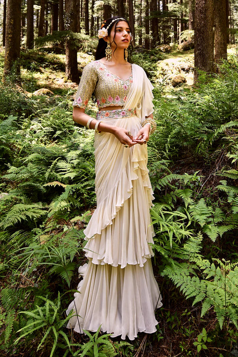 Off White 2 Layered Pre-Draped Saree