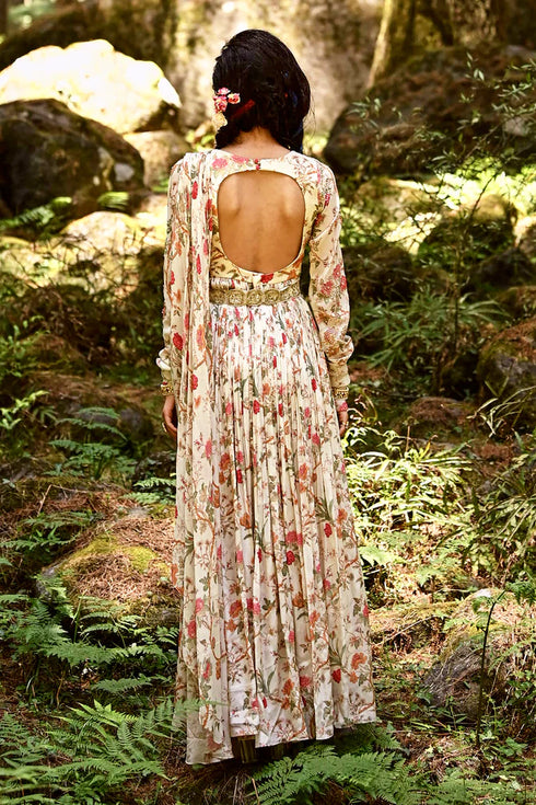 Floral Print Draped Anarkali